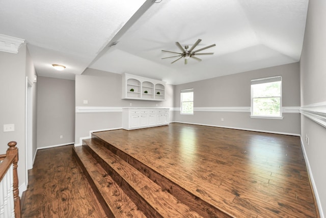3306 Candlelon Dr, Spring, TX 77388 - unfurnished living room featuring dark wood finished floors, ceiling fan, baseboards, and lofted ceiling
