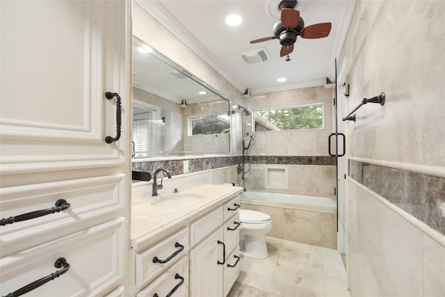 13 Whistlers Ct, The Woodlands, TX 77380 - bathroom featuring crown molding, vanity, shower / bath combination with glass door, tile walls, and ceiling fan