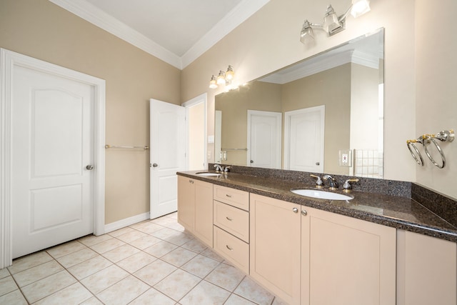 1854 Tiki Dr, Tiki Island, TX 77554 - full bath with ornamental molding, double vanity, and tile patterned floors