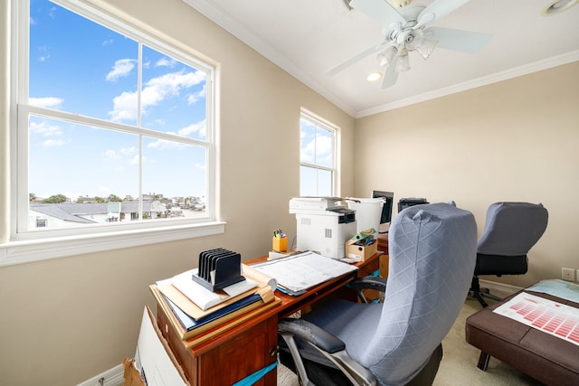 1854 Tiki Dr, Tiki Island, TX 77554 - office space featuring baseboards, crown molding, ceiling fan, recessed lighting, and carpet floors