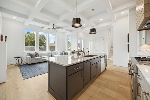 1115 Potomac Dr Unit B, Houston, TX 77057 - kitchen featuring range with two ovens, a sink, coffered ceiling, light wood-style floors, and open floor plan