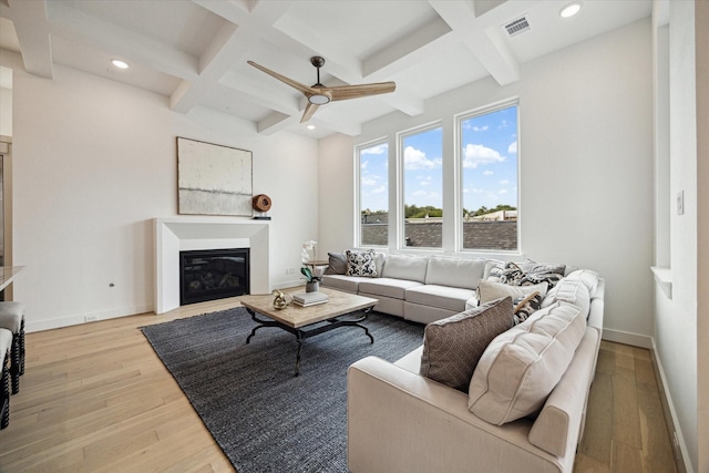 1115 Potomac Dr Unit B, Houston, TX 77057 - living room featuring coffered ceiling, a ceiling fan, beam ceiling, wood finished floors, and a glass covered fireplace