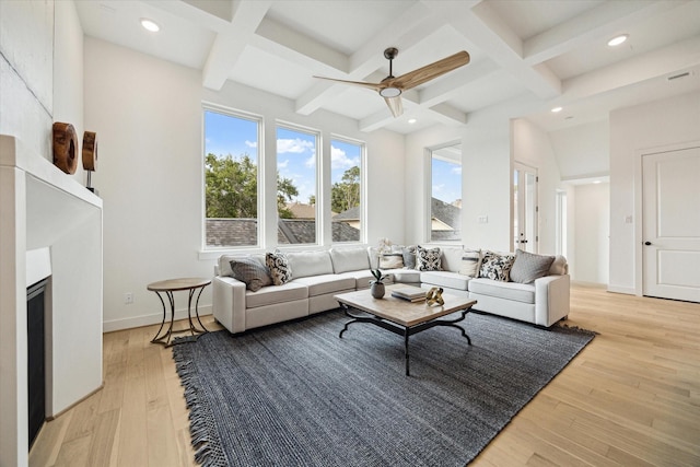 1115 Potomac Dr Unit B, Houston, TX 77057 - living area featuring coffered ceiling, healthy amount of natural light, ceiling fan, light wood-style flooring, and recessed lighting