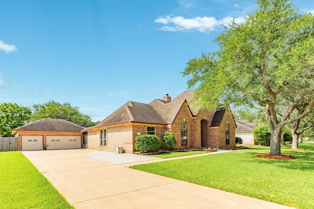 106 Paint Brush St, Lake Jackson, TX 77566 - view of front of house featuring a front lawn, driveway, a chimney, brick siding, and a shingled roof