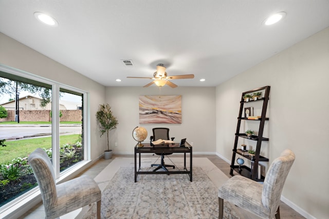 4003 Mischire Dr, Houston, TX 77025 - office area featuring light wood-style flooring, recessed lighting, baseboards, and a ceiling fan
