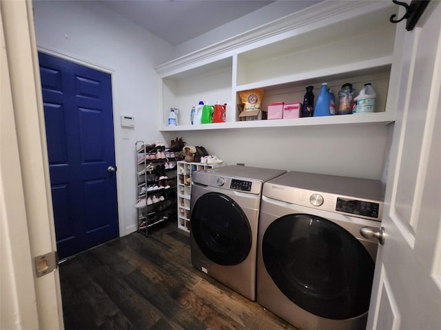 12608 Floral Park Ln, Pearland, TX 77584 - washroom featuring washing machine and clothes dryer and dark wood-style flooring
