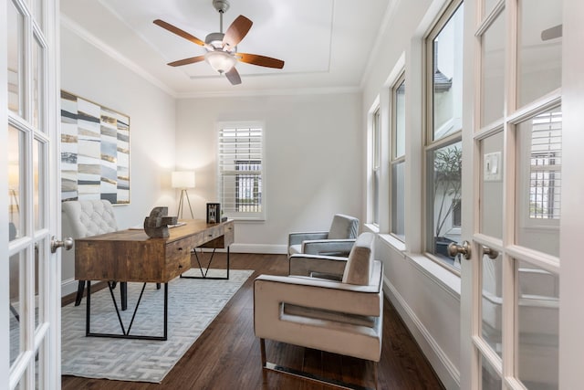 74 N Curly Willow Cir, Tomball, TX 77375 - home office featuring french doors, dark wood-type flooring, ceiling fan, ornamental molding, and baseboards