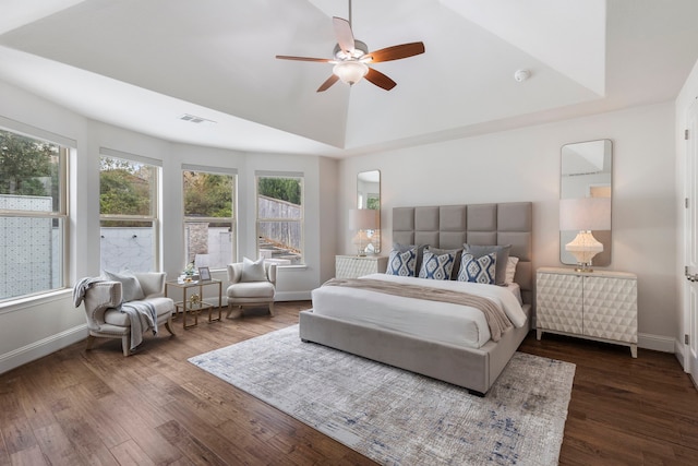 74 N Curly Willow Cir, Tomball, TX 77375 - bedroom featuring wood finished floors, baseboards, lofted ceiling, and a ceiling fan
