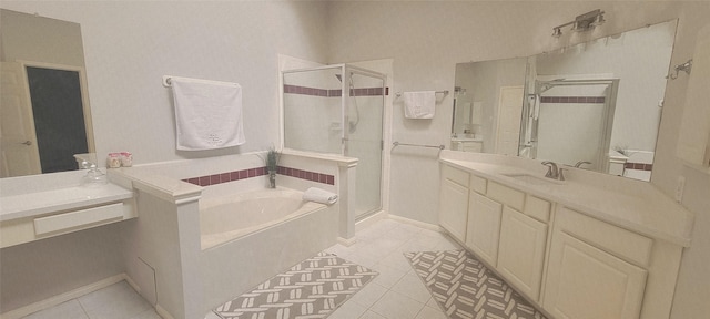 4315 Aspen Ct, Missouri City, TX 77459 - bathroom featuring a shower stall, tile patterned flooring, a garden tub, and vanity