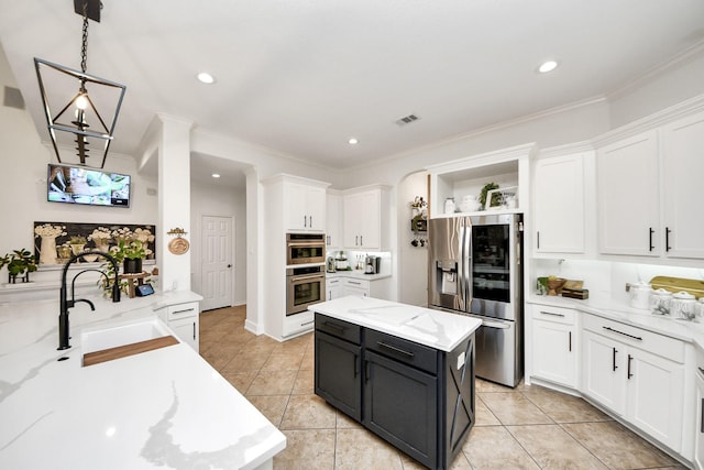19910 Standing Cypress Dr, Spring, TX 77379 - kitchen featuring stainless steel appliances, a sink, white cabinets, open shelves, and ornamental molding