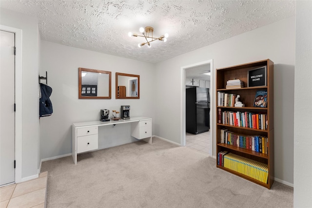 3531 Acorn Springs Ln, Spring, TX 77389 - office featuring a chandelier, light carpet, a textured ceiling, and baseboards