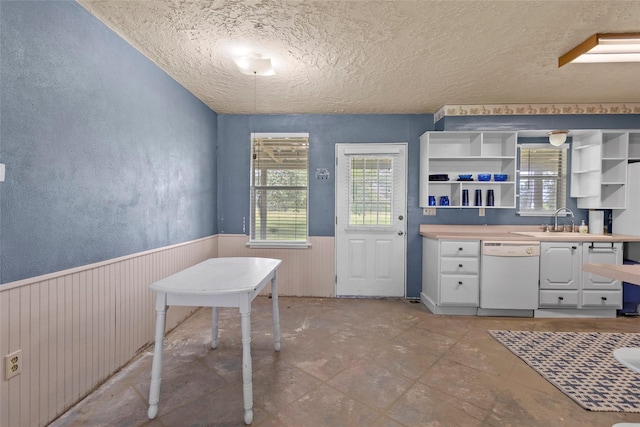 25 Willey Rd, Bedias, TX 77831 - kitchen featuring white dishwasher, plenty of natural light, open shelves, a sink, and wainscoting