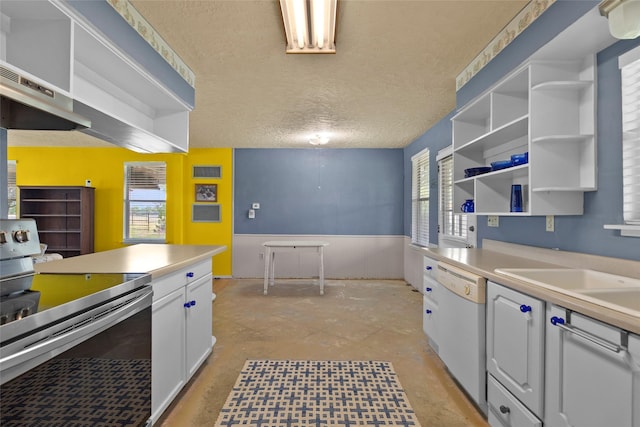 25 Willey Rd, Bedias, TX 77831 - kitchen featuring electric stove, dishwasher, open shelves, white cabinets, and a textured ceiling