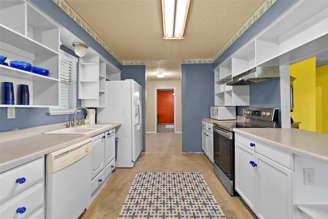 25 Willey Rd, Bedias, TX 77831 - kitchen with open shelves, white appliances, a sink, under cabinet range hood, and concrete flooring