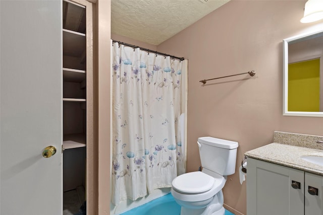 25 Willey Rd, Bedias, TX 77831 - full bath with toilet, vanity, a textured ceiling, and curtained shower