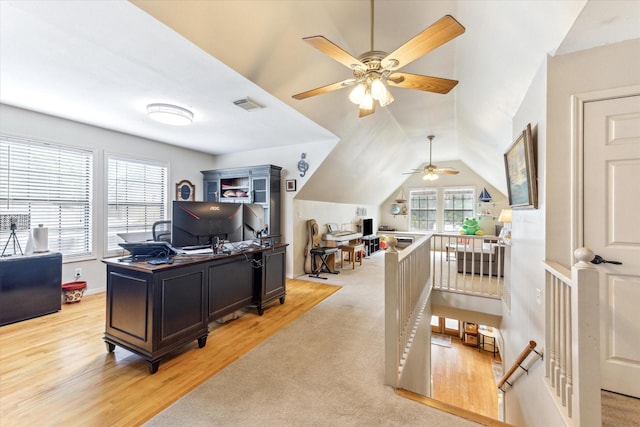 210 Queen Rd, Clear Lake Shores, TX 77565 - office area featuring a ceiling fan, light wood-style floors, lofted ceiling, and baseboards