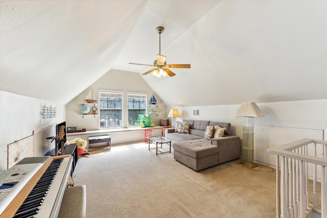 210 Queen Rd, Clear Lake Shores, TX 77565 - living area featuring carpet floors, lofted ceiling, and ceiling fan
