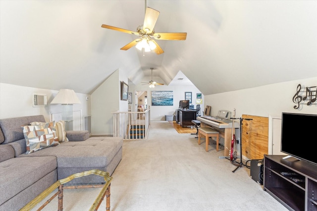 210 Queen Rd, Clear Lake Shores, TX 77565 - carpeted living area with vaulted ceiling, ceiling fan, and a desk