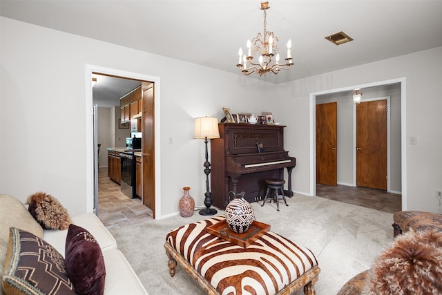 111 Ann St, Crockett, TX 75835 - living area featuring light carpet, a chandelier, baseboards, and light stone finish flooring