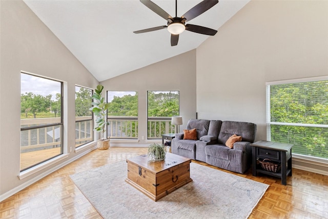287 County Road 416, Brazoria, TX 77422 - living room featuring high vaulted ceiling, ceiling fan, and baseboards