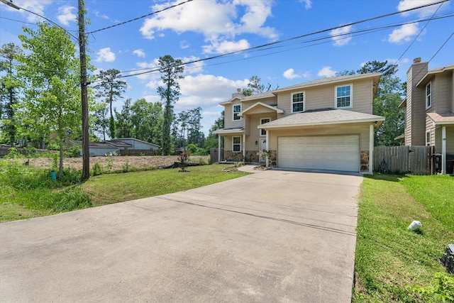9307 Seeker St, Houston, TX 77028 - traditional-style house featuring concrete driveway, stone siding, and an attached garage
