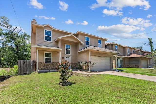 9307 Seeker St, Houston, TX 77028 - traditional-style home featuring a chimney, concrete driveway, stone siding, and a garage