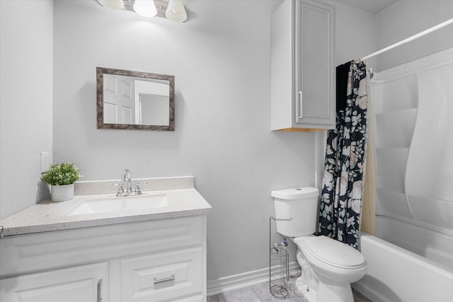 9307 Seeker St, Houston, TX 77028 - full bath with vanity, toilet, shower / bathtub combination with curtain, baseboards, and tile patterned flooring