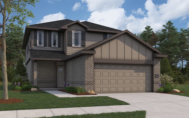 16800 Needlepoint Dr, Conroe, TX 77302 - view of front facade with brick siding, concrete driveway, a shingled roof, an attached garage, and a front lawn