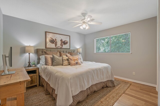 2828 S Logrun Cir, The Woodlands, TX 77380 - bedroom featuring light wood-style flooring, baseboards, and ceiling fan