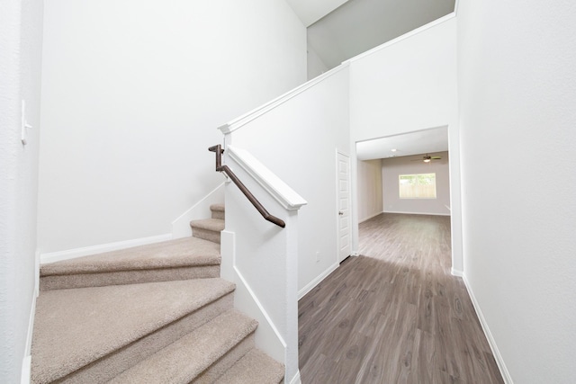 13228 Musky Dr, Conroe, TX 77384 - staircase with wood finished floors and ceiling fan