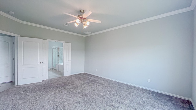 14227 Angelina Dr, Baytown, TX 77523 - unfurnished bedroom featuring carpet, crown molding, baseboards, connected bathroom, and ceiling fan