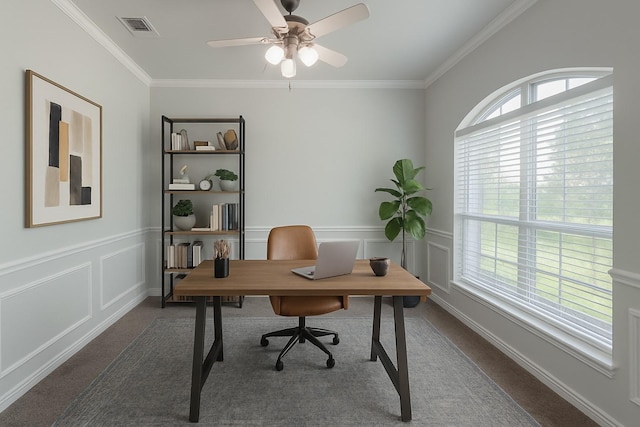 14227 Angelina Dr, Baytown, TX 77523 - office space featuring carpet floors, a ceiling fan, crown molding, wainscoting, and a decorative wall