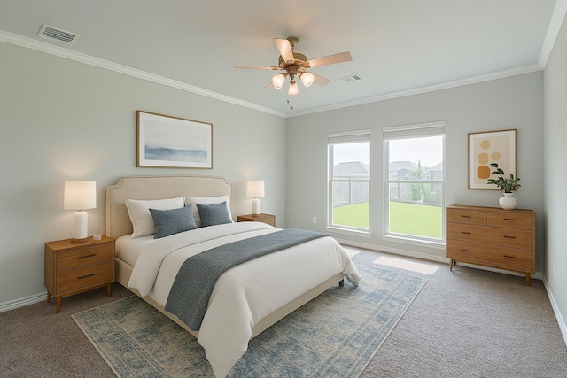 14227 Angelina Dr, Baytown, TX 77523 - bedroom featuring carpet, ornamental molding, baseboards, and ceiling fan