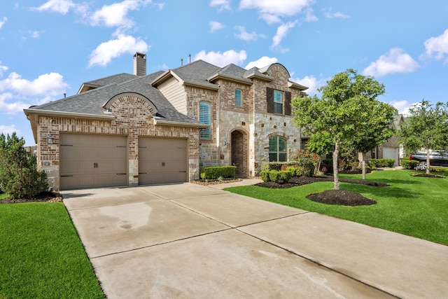 19823 Sonterra Ln, Richmond, TX 77407 - french country home with a front yard, concrete driveway, an attached garage, stone siding, and roof with shingles