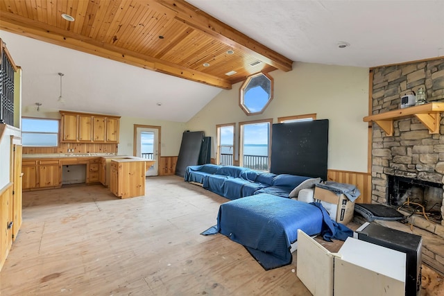 245 Bridgewater, Onalaska, TX 77360 - living room featuring a wainscoted wall, light wood-style floors, healthy amount of natural light, a stone fireplace, and wooden walls