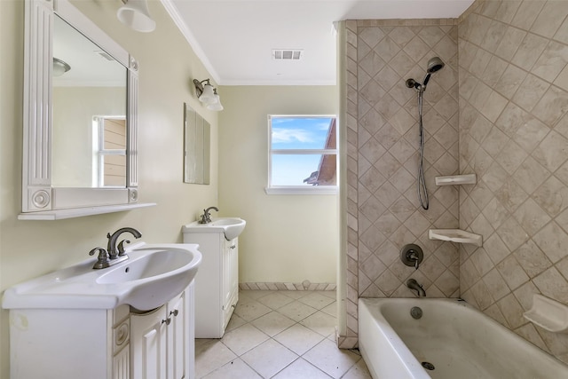 245 Bridgewater, Onalaska, TX 77360 - bathroom featuring crown molding, two vanities, tile patterned flooring, and tub / shower combination