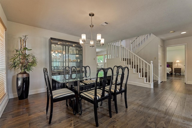 52 S Havenridge Dr, The Woodlands, TX 77381 - dining area with a chandelier, dark wood-style flooring, baseboards, stairway, and recessed lighting