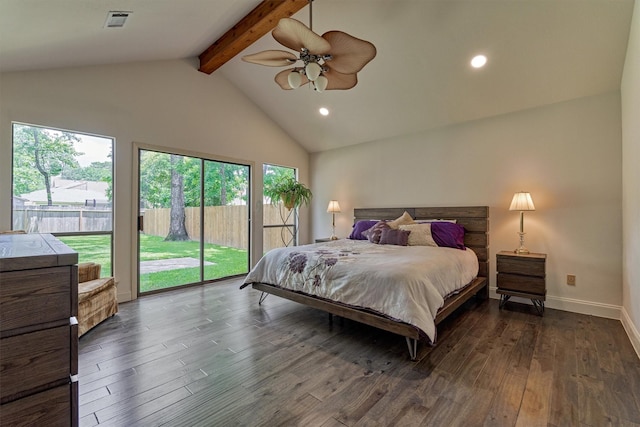 52 S Havenridge Dr, The Woodlands, TX 77381 - bedroom featuring access to outside, multiple windows, beamed ceiling, wood finished floors, and recessed lighting