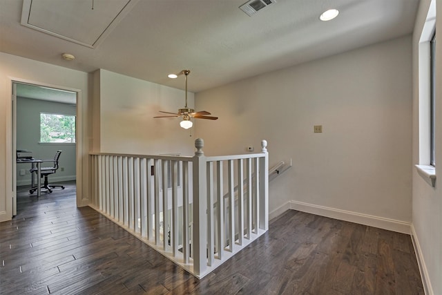 52 S Havenridge Dr, The Woodlands, TX 77381 - corridor with baseboards, wood finished floors, attic access, recessed lighting, and an upstairs landing