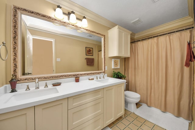 10138 Bayou Manor Ln, Houston, TX 77064 - bathroom with toilet, double vanity, tile patterned floors, crown molding, and a shower with shower curtain