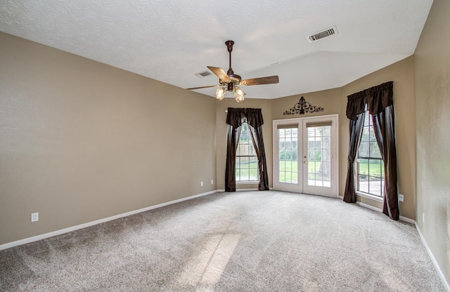 5810 Springton Ln, Spring, TX 77379 - empty room featuring ceiling fan, light colored carpet, baseboards, and french doors