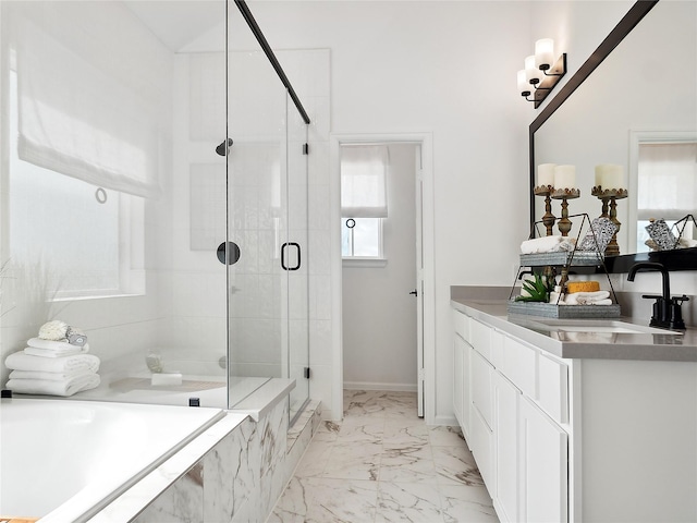 2020 Groveland Glen Dr, Houston, TX 77051 - full bathroom with marble look tile flooring, a stall shower, a bath, vanity, and a chandelier