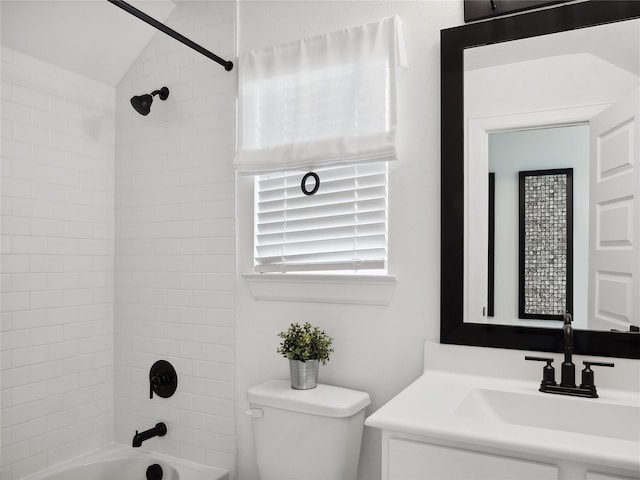 2020 Groveland Glen Dr, Houston, TX 77051 - bathroom with toilet, vanity, bathtub / shower combination, and vaulted ceiling
