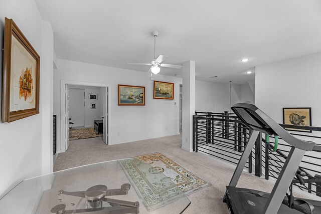 4818 Nodding Thistle Trl, Fulshear, TX 77441 - workout room featuring carpet flooring, a ceiling fan, recessed lighting, and baseboards