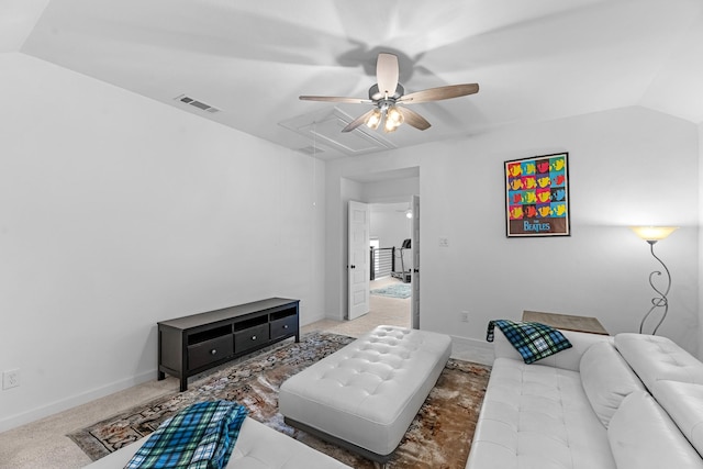 4818 Nodding Thistle Trl, Fulshear, TX 77441 - living room featuring ceiling fan, lofted ceiling, and attic access