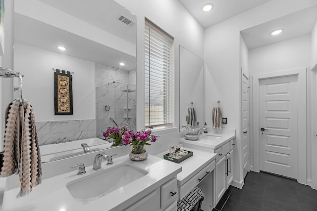 4818 Nodding Thistle Trl, Fulshear, TX 77441 - full bathroom with double vanity, a marble finish shower, tile patterned flooring, recessed lighting, and a bathtub