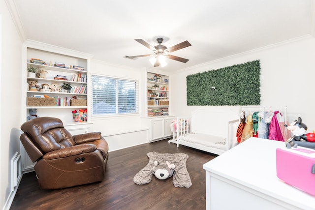 14102 N Suddley Castle St, Houston, TX 77095 - living area featuring ornamental molding, dark wood-type flooring, ceiling fan, and built in features
