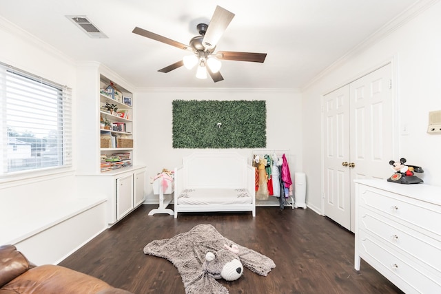 14102 N Suddley Castle St, Houston, TX 77095 - living area featuring ornamental molding, dark wood-style flooring, and ceiling fan