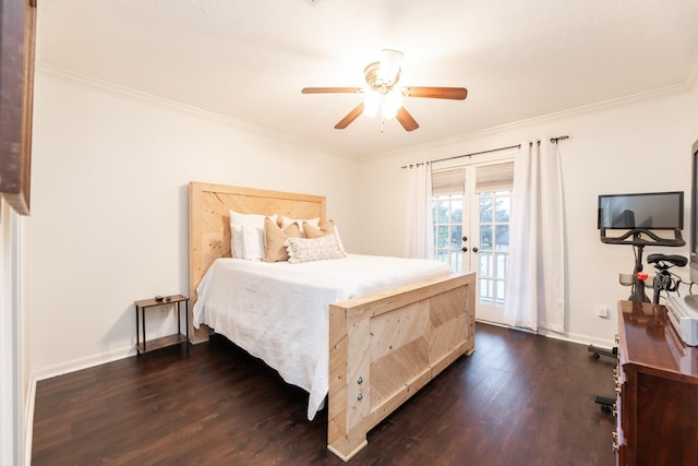 14102 N Suddley Castle St, Houston, TX 77095 - bedroom featuring dark wood-style floors, crown molding, access to exterior, baseboards, and a ceiling fan