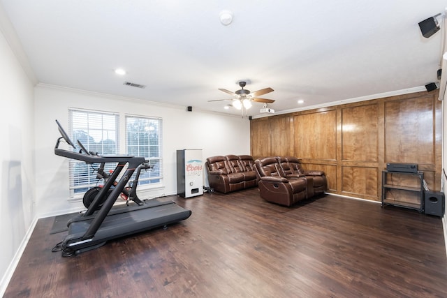14102 N Suddley Castle St, Houston, TX 77095 - exercise room with a ceiling fan, dark wood finished floors, ornamental molding, baseboards, and recessed lighting